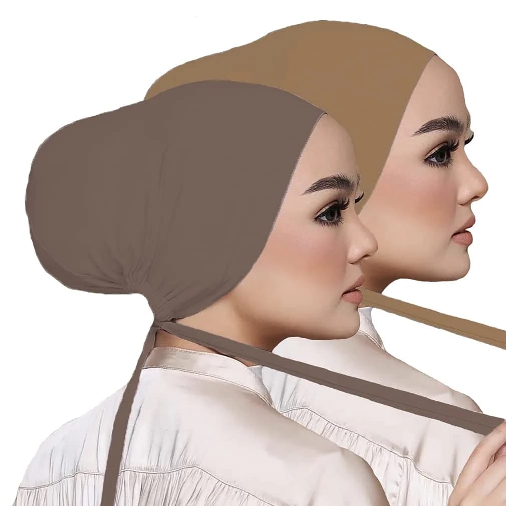 Hophor Women Under Scarf Hat Hijab Cap with Tie-Back Closure | Adjustable Jersey Hijab Cap for Women (Khaki+Nude, 2pcs) — Khaki+nude(2pcs)