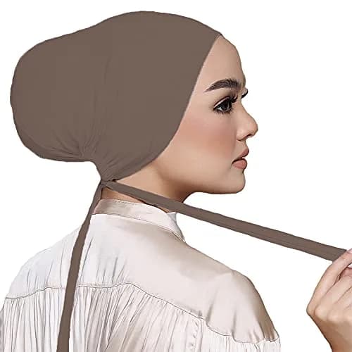 Hophor Women Under Scarf Hat Hijab Cap with Tie-Back Closure | Adjustable Jersey Hijab Cap for Women (Khaki+Nude, 2pcs) thumbnail 4