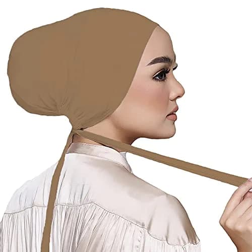 Hophor Women Under Scarf Hat Hijab Cap with Tie-Back Closure | Adjustable Jersey Hijab Cap for Women (Khaki+Nude, 2pcs) thumbnail 3