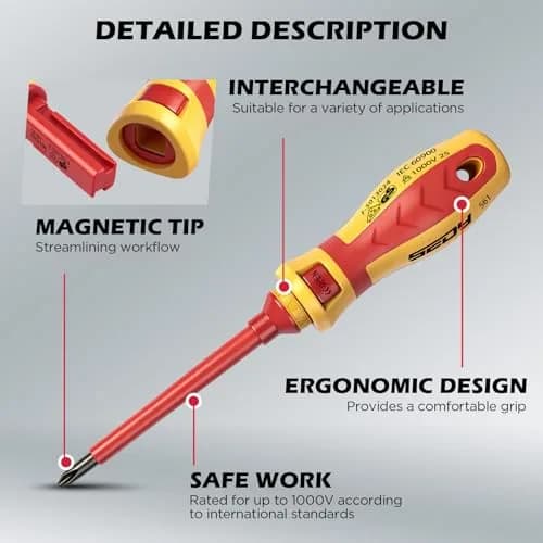 SEDY 1000V Insulated Electrician Screwdriver Set | VDE & GS Certified, 13-Piece, CRV Steel, Magnetic Tips, Replaceable Handle (9" x 5.5" x 2") thumbnail 5