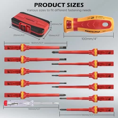 SEDY 1000V Insulated Electrician Screwdriver Set | VDE & GS Certified, 13-Piece, CRV Steel, Magnetic Tips, Replaceable Handle (9" x 5.5" x 2") thumbnail 2