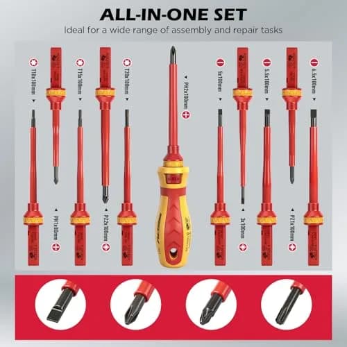 SEDY 1000V Insulated Electrician Screwdriver Set | VDE & GS Certified, 13-Piece, CRV Steel, Magnetic Tips, Replaceable Handle (9" x 5.5" x 2") thumbnail 3