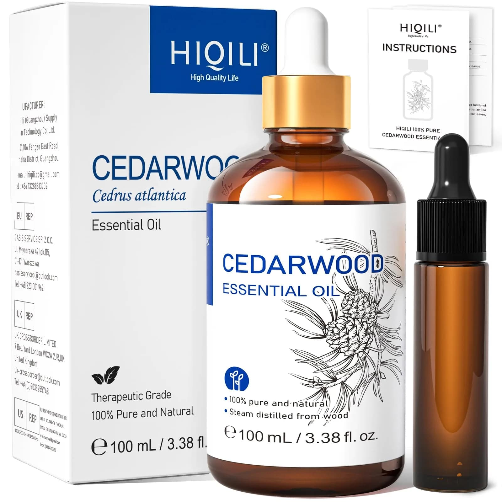 HIQILI Cedarwood Essential Oil 3.38 Fl Oz (100ml) | Authentic USA Import with Woody Aroma - main product image