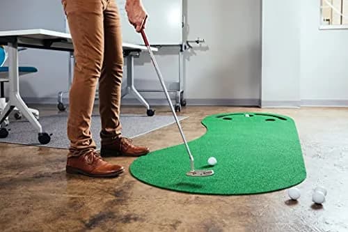 PUTT-A-BOUT Par Three Plus Golf Putting Green 3' x 9' | Kidney-Shaped Practice Mat with 3 Cups & Hazards thumbnail 3