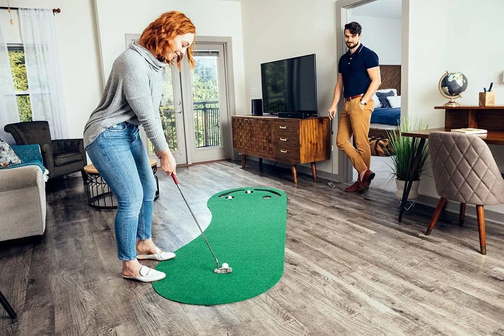 PUTT-A-BOUT Par Three Plus Golf Putting Green 3' x 9' | Kidney-Shaped Practice Mat with 3 Cups & Hazards - view 4
