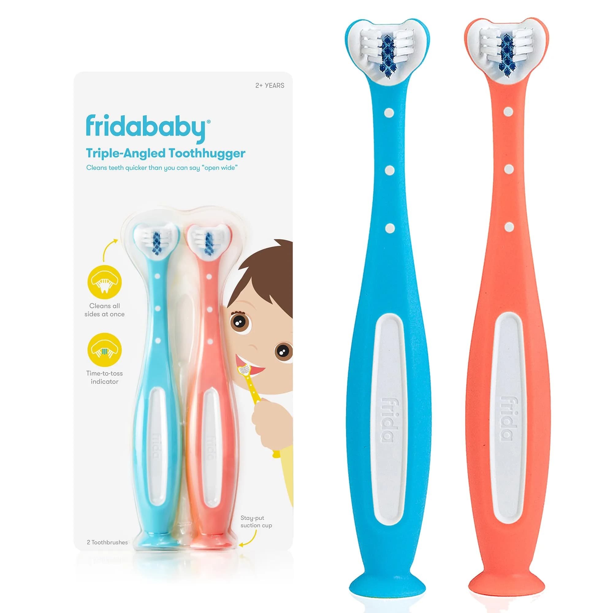 Frida Baby Triple-Angle Toothhugger Toddler Toothbrush 2 Years+ Pink | Cleans All Sides at Once — Pink + Blue