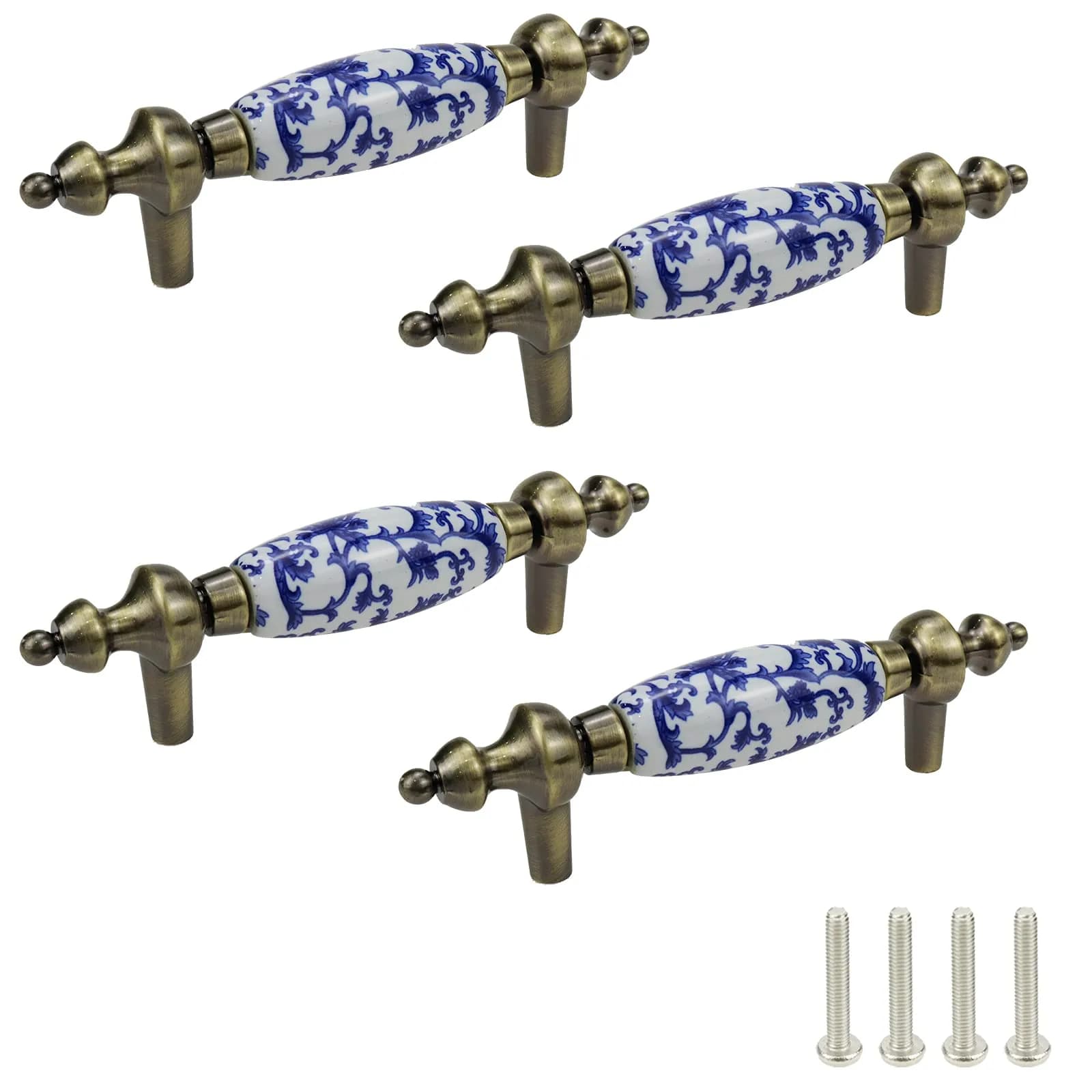 Mcredy Ceramic Cabinet Pull Handle, Blue White Porcelain T-Style, 96mm (3.78") Hole Distance, 4 Pcs | Classic Chinese-Style Floral Design — Type-5