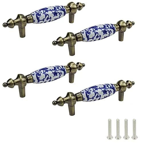 Mcredy Ceramic Drawer Pull Handle, Blue White Porcelain T-Style, 12.2cm (4.8") | 4-Piece Set with 7.6cm (3") Hole Distance thumbnail 1