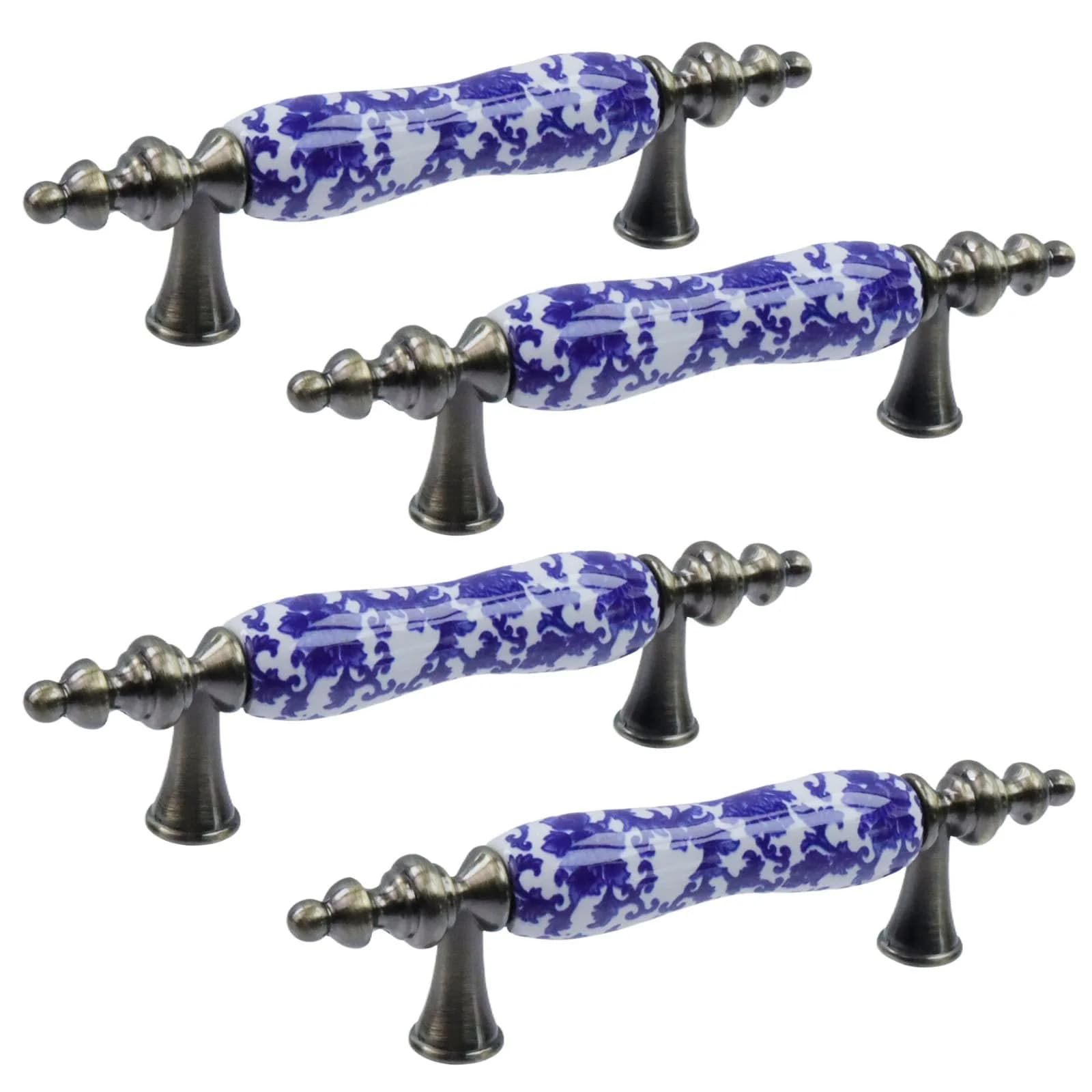 Mcredy Ceramic Cabinet Drawer Pulls 76mm (3") Hole Distance | Blue White Porcelain Chinoiserie Style, Pack of 4 — Type-4