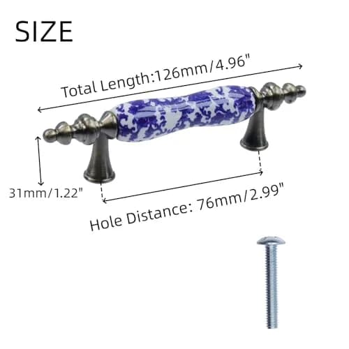 Mcredy Ceramic Cabinet Drawer Pulls 76mm (3") Hole Distance | Blue White Porcelain Chinoiserie Style, Pack of 4 thumbnail 3