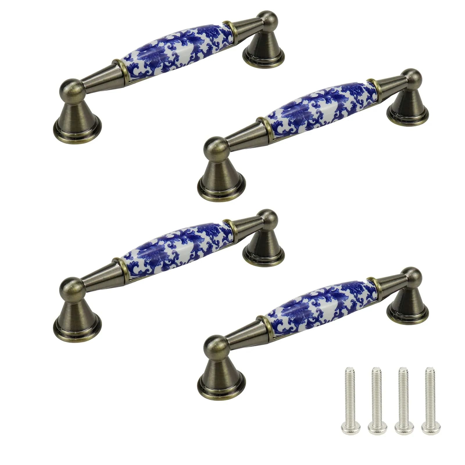 Mcredy Ceramic Cabinet Pull Handle, Blue White Porcelain T-Style, 96mm (3.78") Hole Distance, 4 Pcs | Classic Chinese-Style Floral Design — Type-6