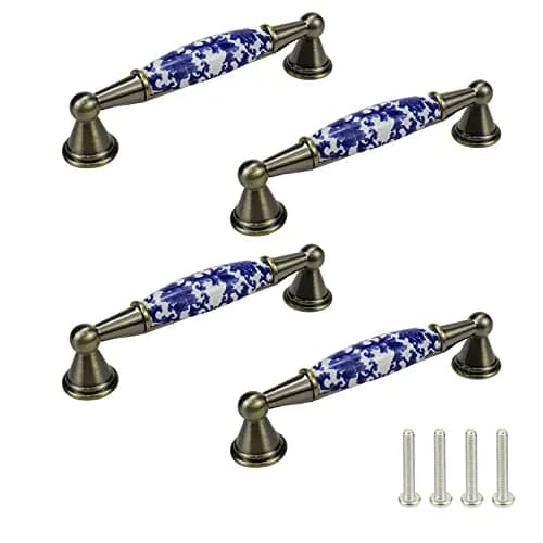 Mcredy Ceramic Cabinet Pull Handle, Blue White Porcelain T-Style, 96mm (3.78") Hole Distance, 4 Pcs | Classic Chinese-Style Floral Design thumbnail 1