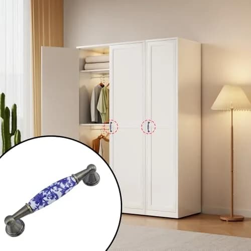 Mcredy Ceramic Cabinet Pull Handle, Blue White Porcelain T-Style, 96mm (3.78") Hole Distance, 4 Pcs | Classic Chinese-Style Floral Design thumbnail 5