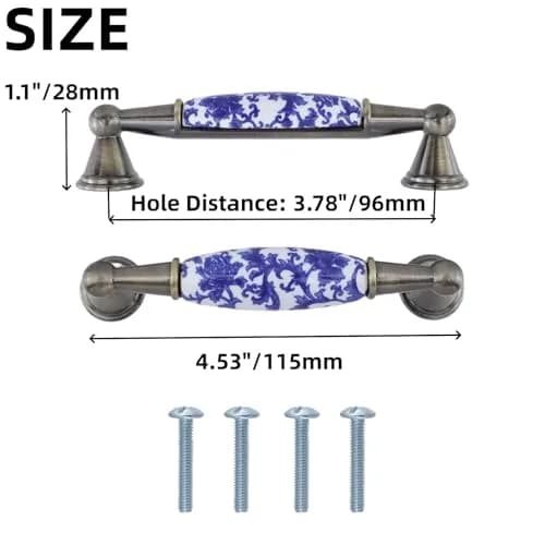Mcredy Ceramic Cabinet Pull Handle, Blue White Porcelain T-Style, 96mm (3.78") Hole Distance, 4 Pcs | Classic Chinese-Style Floral Design thumbnail 2