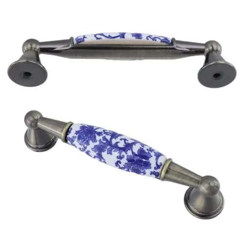 Mcredy Ceramic Cabinet Pull Handle, Blue White Porcelain T-Style, 96mm (3.78") Hole Distance, 4 Pcs | Classic Chinese-Style Floral Design thumbnail 3