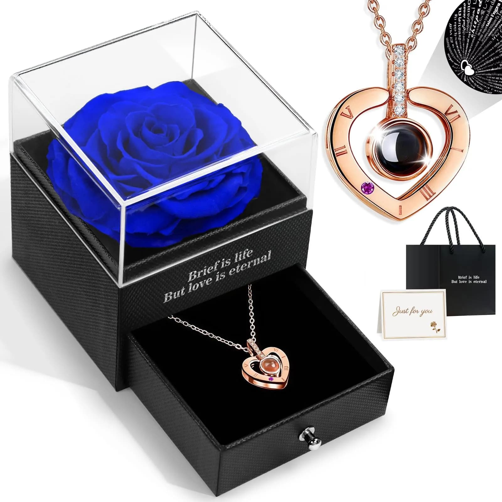 HEGUD Preserved Real Rose with I Love You Necklace in 100 Languages | Eternal Flowers for Mom Women Wife Girlfriend Grandma - Blue