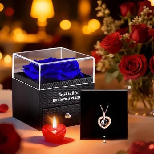 HEGUD Preserved Real Rose with I Love You Necklace in 100 Languages | Eternal Flowers for Mom Women Wife Girlfriend Grandma - Blue thumbnail 4