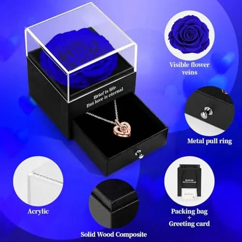 HEGUD Preserved Real Rose with I Love You Necklace in 100 Languages | Eternal Flowers for Mom Women Wife Girlfriend Grandma - Blue thumbnail 5