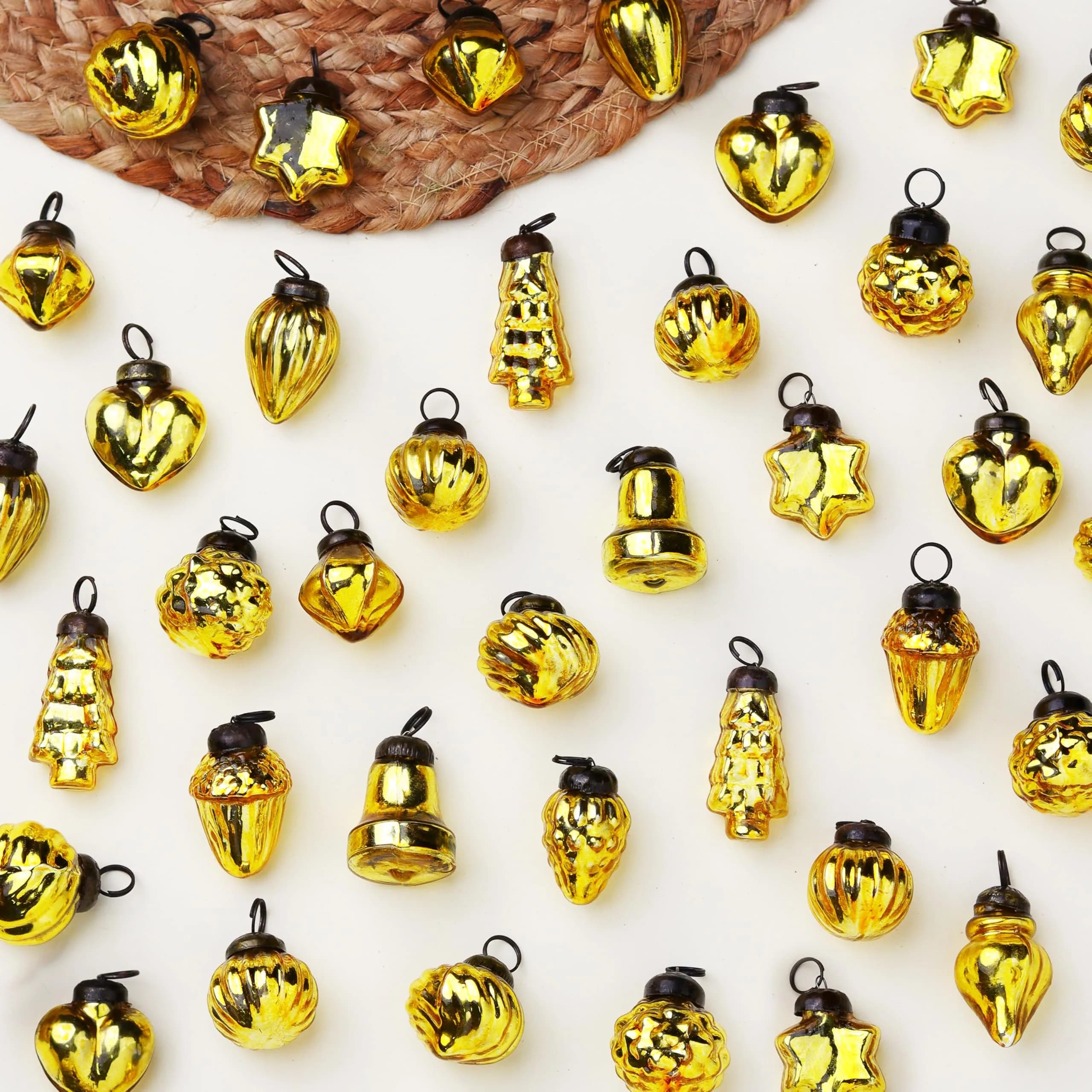 Indian Shelf Gold Hanging Ornaments - 25 Premium Glass Christmas Ornaments - Vintage, Reusable, Non-Fading Gold Christmas Decorations | 1.5 inch (3.81 cm) Ornaments - main product image