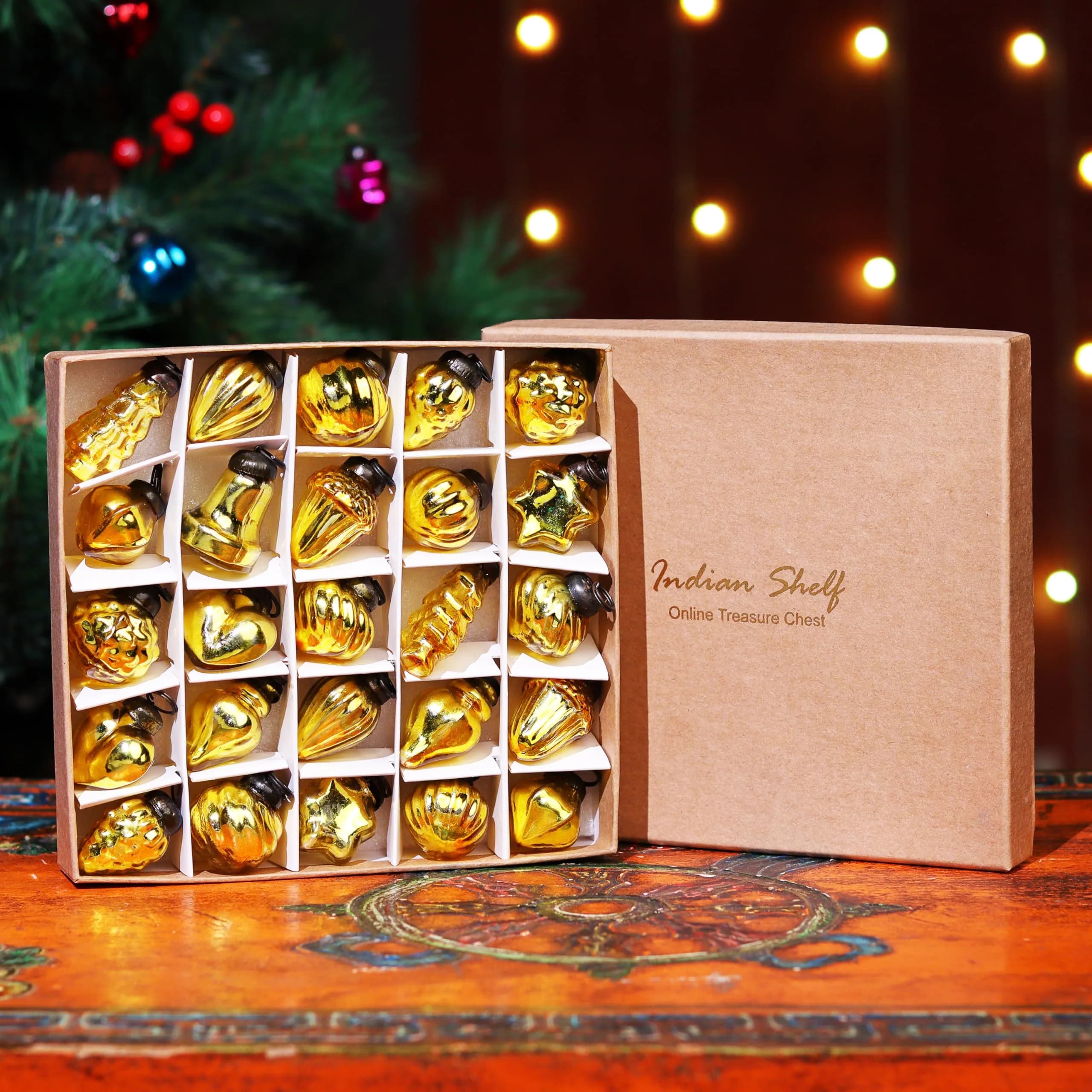 Indian Shelf Gold Hanging Ornaments - 25 Premium Glass Christmas Ornaments - Vintage, Reusable, Non-Fading Gold Christmas Decorations | 1.5 inch (3.81 cm) Ornaments - view 2