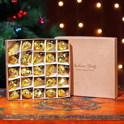 Indian Shelf Gold Hanging Ornaments - 25 Premium Glass Christmas Ornaments - Vintage, Reusable, Non-Fading Gold Christmas Decorations | 1.5 inch (3.81 cm) Ornaments thumbnail 2