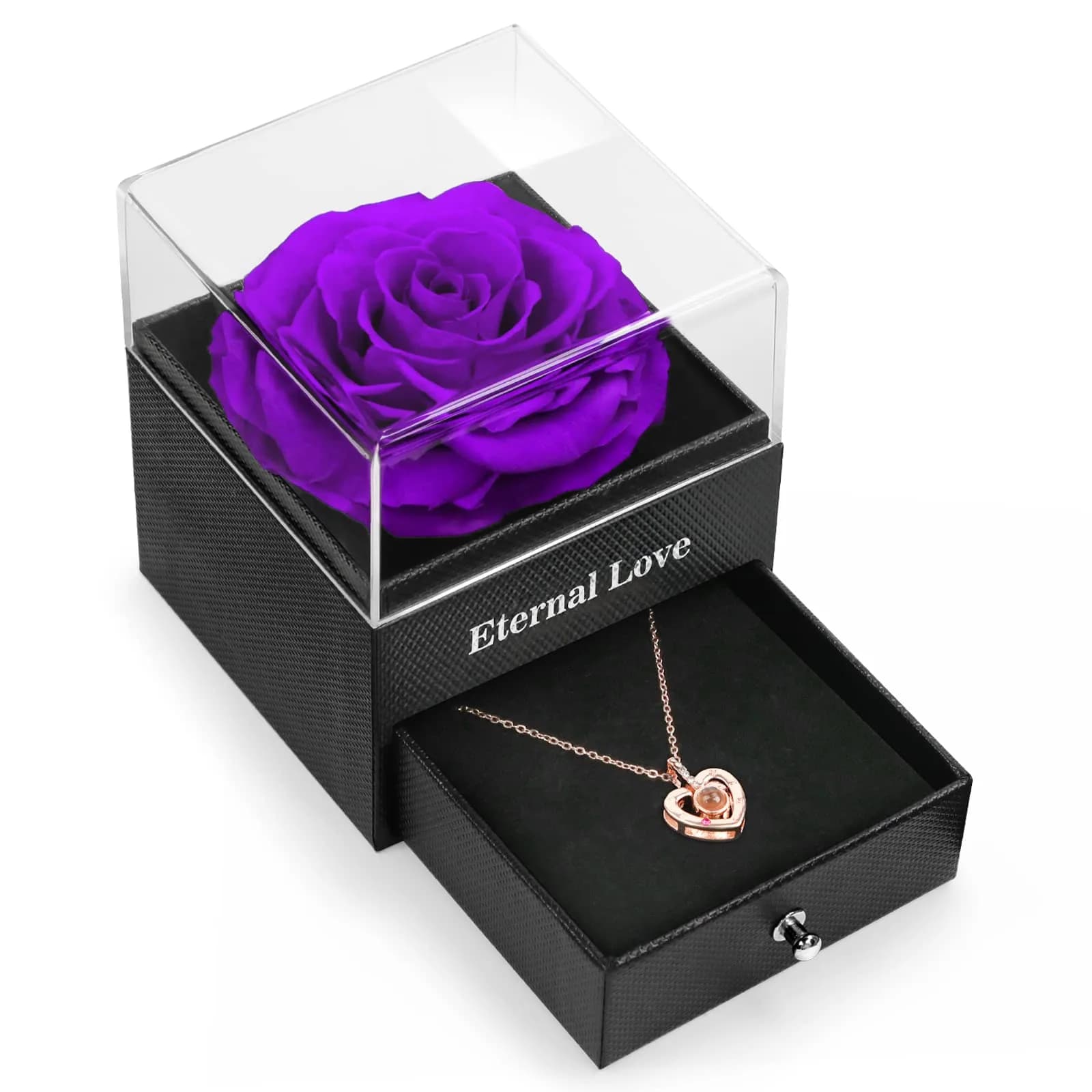 HEGUD Preserved Real Rose with I Love You Necklace in 100 Languages | Eternal Flowers for Mom Women Wife Girlfriend Grandma-Purple - main product image