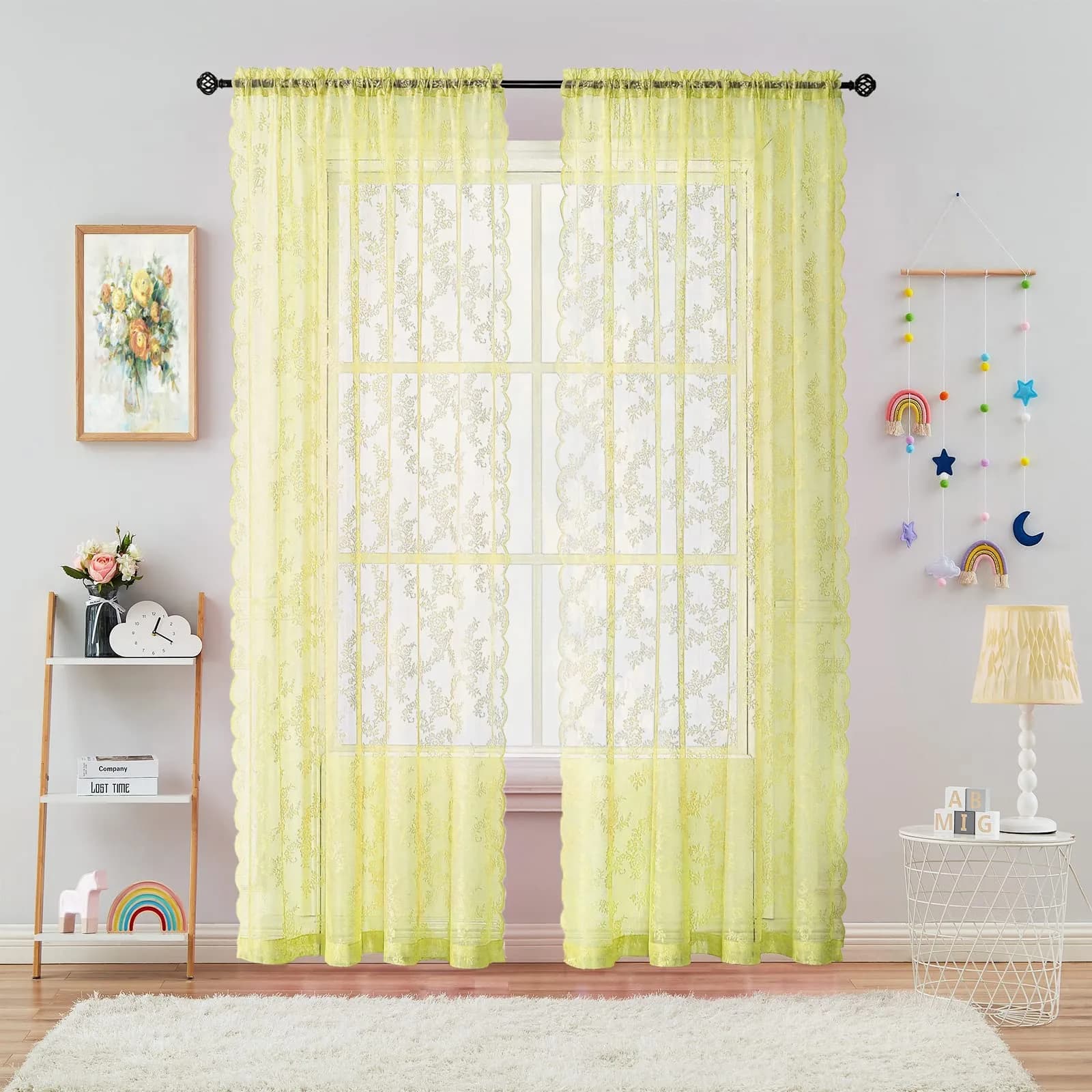 Urban Lotus Yellow Sheer Curtains for Bedroom 55" W x 108" L | Floral Lace Sheer Drapes for Home & Hotel