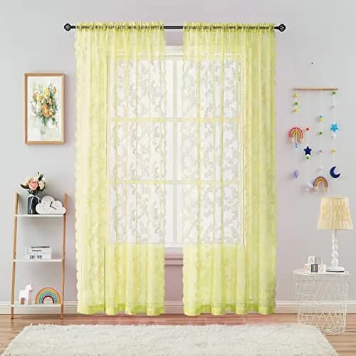Urban Lotus Yellow Sheer Curtains for Bedroom 55" W x 108" L | Floral Lace Sheer Drapes for Home & Hotel thumbnail 1