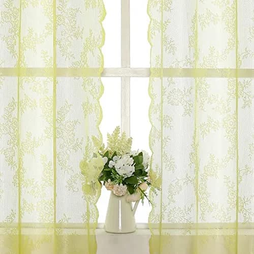Urban Lotus Yellow Sheer Curtains for Bedroom 55" W x 108" L | Floral Lace Sheer Drapes for Home & Hotel thumbnail 4