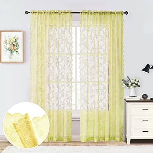 Urban Lotus Yellow Sheer Curtains for Bedroom 55" W x 108" L | Floral Lace Sheer Drapes for Home & Hotel thumbnail 6