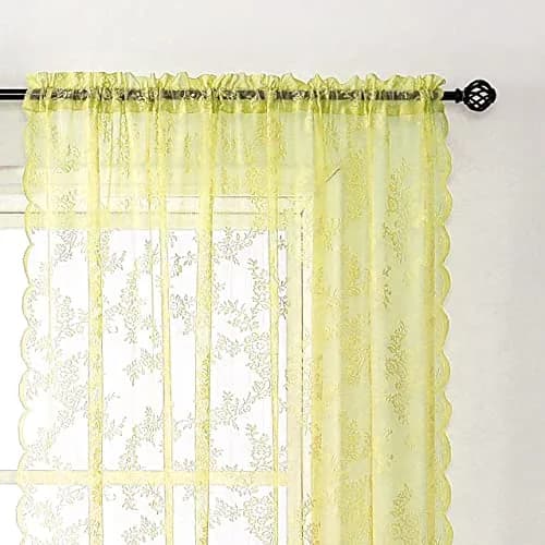 Urban Lotus Yellow Sheer Curtains for Bedroom 55" W x 108" L | Floral Lace Sheer Drapes for Home & Hotel thumbnail 2