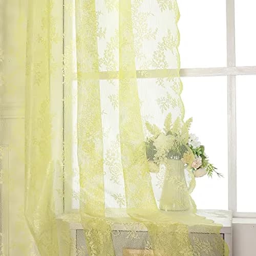 Urban Lotus Yellow Sheer Curtains for Bedroom 55" W x 108" L | Floral Lace Sheer Drapes for Home & Hotel thumbnail 3
