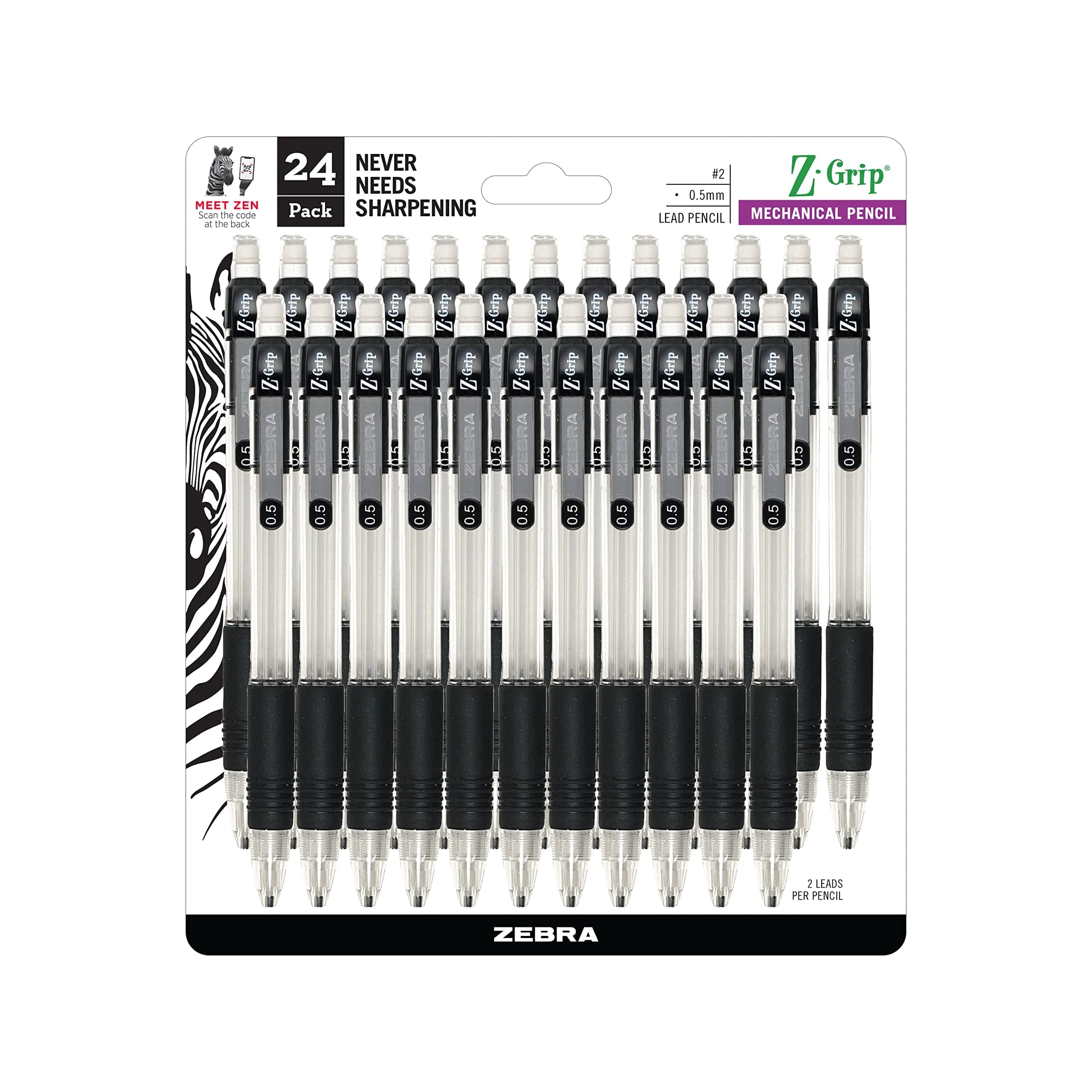 Zebra Pen Z-Grip Mechanical Pencils, 0.5mm #2 HB, Clear Barrel, 24-Pack | Smooth Writing, Refillable, Ideal for School & Office — Black A