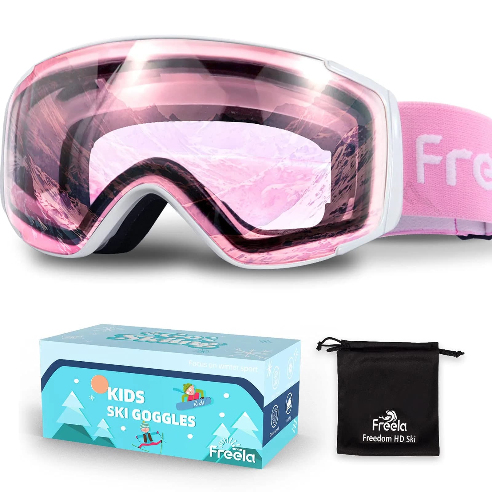 Freela Kids Ski Goggles | Pink Lens 60% VLT Spherical Anti-Fog UV Protection for Toddler Youth — Pink Lens 60% Vlt