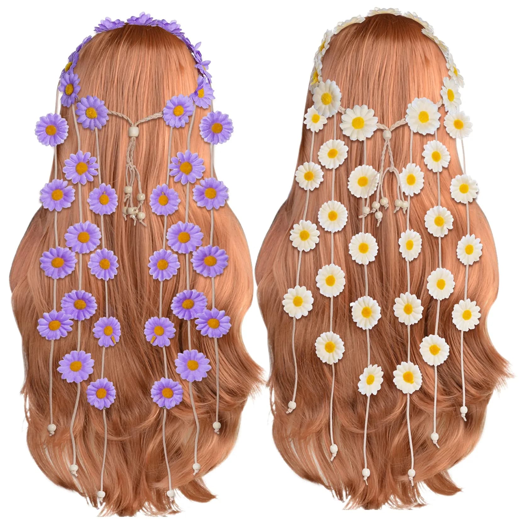 Sucrain Flower Hippie Headband Floral Crown 2pcs | Bohemian Sunflower Hair Accessories for Women (Beige+Purple) — Beige+Purple