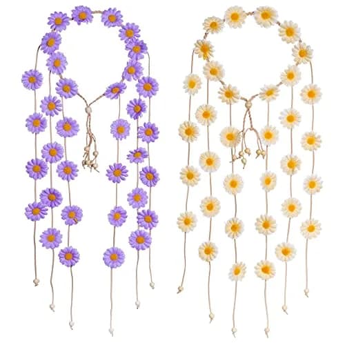 Sucrain Flower Hippie Headband Floral Crown 2pcs | Bohemian Sunflower Hair Accessories for Women (Beige+Purple) thumbnail 4
