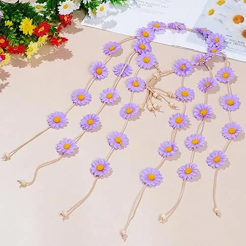 Sucrain Flower Hippie Headband Floral Crown 2pcs | Bohemian Sunflower Hair Accessories for Women (Beige+Purple) thumbnail 6