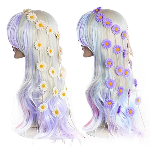 Sucrain Flower Hippie Headband Floral Crown 2pcs | Bohemian Sunflower Hair Accessories for Women (Beige+Purple) thumbnail 3
