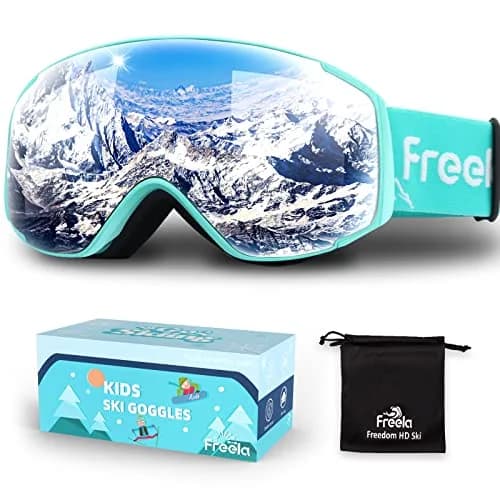 Freela Kids Ski Goggles Snowboard Snow Skiing Goggles with Helmet for Kids, Silver/Teal (1 Pack) thumbnail 1