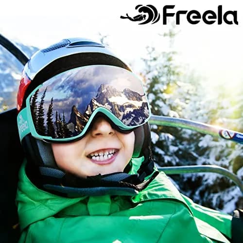 Freela Kids Ski Goggles Snowboard Snow Skiing Goggles with Helmet for Kids, Silver/Teal (1 Pack) thumbnail 2
