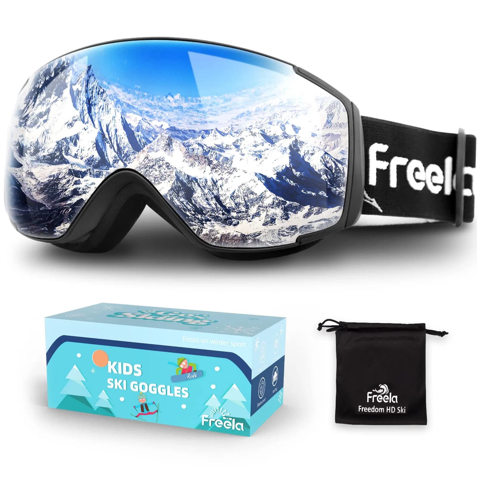 Freela Kids Ski Goggles | Spherical Wide Vision Anti-Fog UV Protection Mirror Clear Lens for Toddler Youth