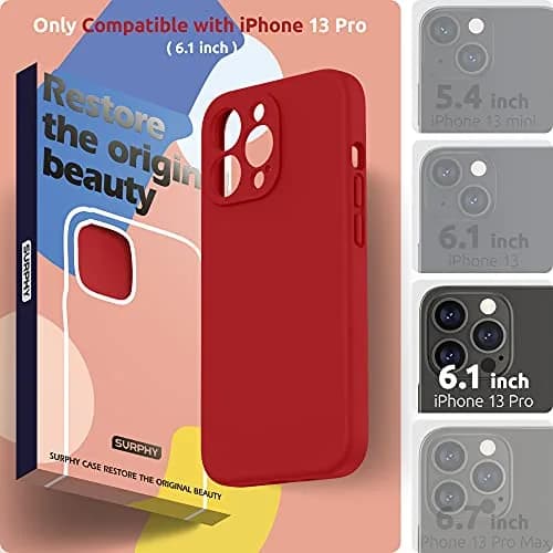 SURPHY Liquid Silicone Case for iPhone 13 Pro with Screen Protector, Red | Camera Protection & Soft Microfiber Lining thumbnail 2