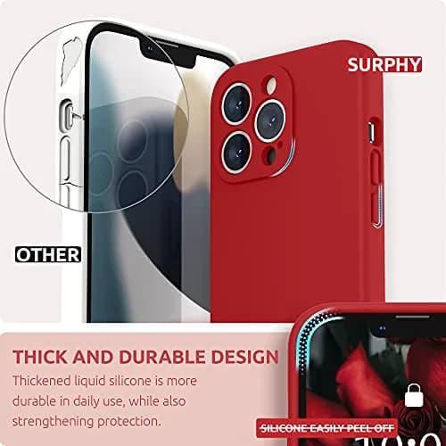 SURPHY Liquid Silicone Case for iPhone 13 Pro with Screen Protector, Red | Camera Protection & Soft Microfiber Lining thumbnail 3