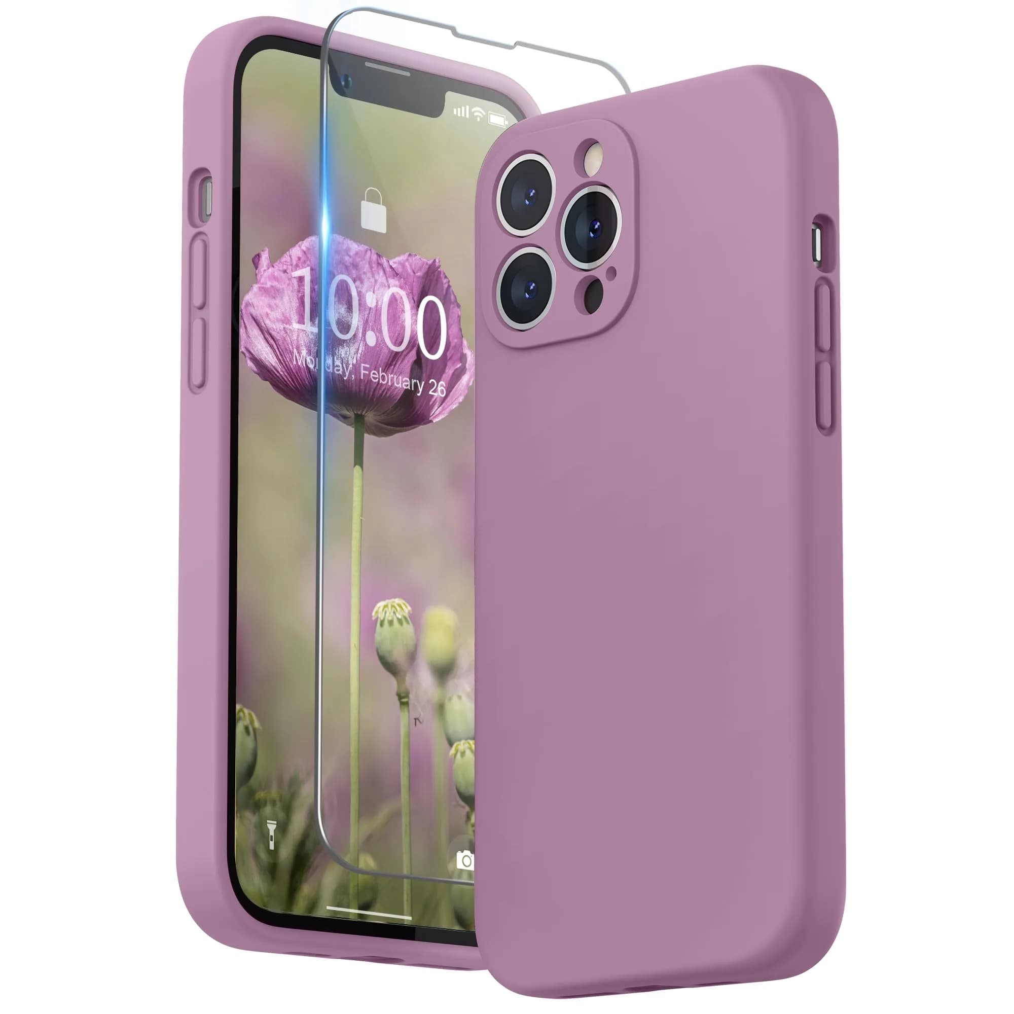 SURPHY Liquid Silicone Case for iPhone 13 Pro Max 6.7 inch with Screen Protector | Plum — Lilac Purple