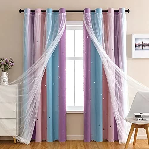 XiDi Girls Curtains for Bedroom, Purple Rainbow Blackout Curtains | Dreamy Kids Room Decor, 63" Long thumbnail 1