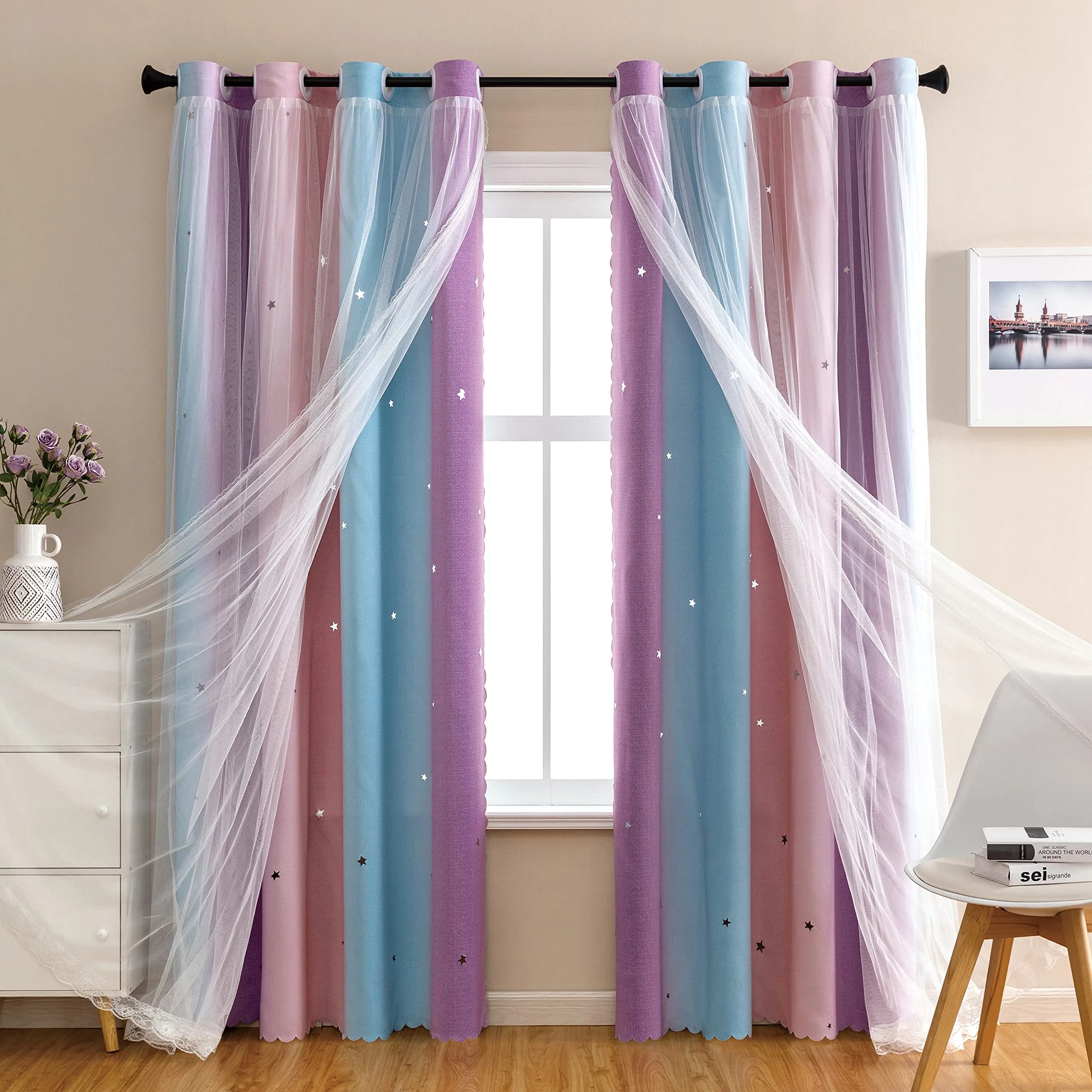 XiDi Girls Curtains for Bedroom, Purple Rainbow Blackout Curtains | Dreamy Kids Room Decor, 63" Long