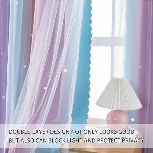 XiDi Girls Curtains for Bedroom, Purple Rainbow Blackout Curtains | Dreamy Kids Room Decor, 63" Long thumbnail 2