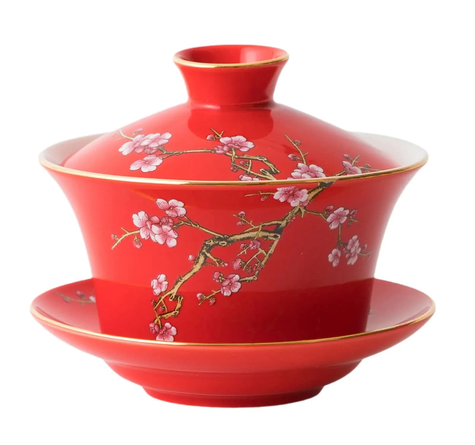 Eplze 10oz Ceramic Gaiwan Tea Cup with Embossed Plum Patterns (Red) | Traditional Chinese Teaware — Red