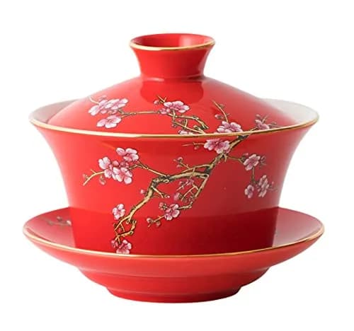 Eplze 10oz Ceramic Gaiwan Tea Cup with Embossed Plum Patterns (Red) | Traditional Chinese Teaware thumbnail 1