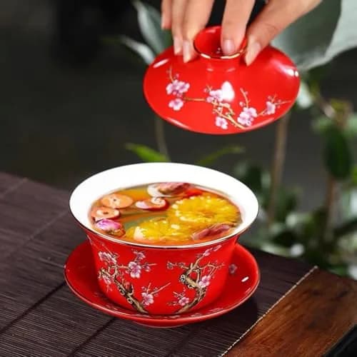 Eplze 10oz Ceramic Gaiwan Tea Cup with Embossed Plum Patterns (Red) | Traditional Chinese Teaware thumbnail 6